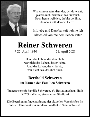Anzeige von Reiner Schweren von Kölner Stadt-Anzeiger / Kölnische Rundschau / Express