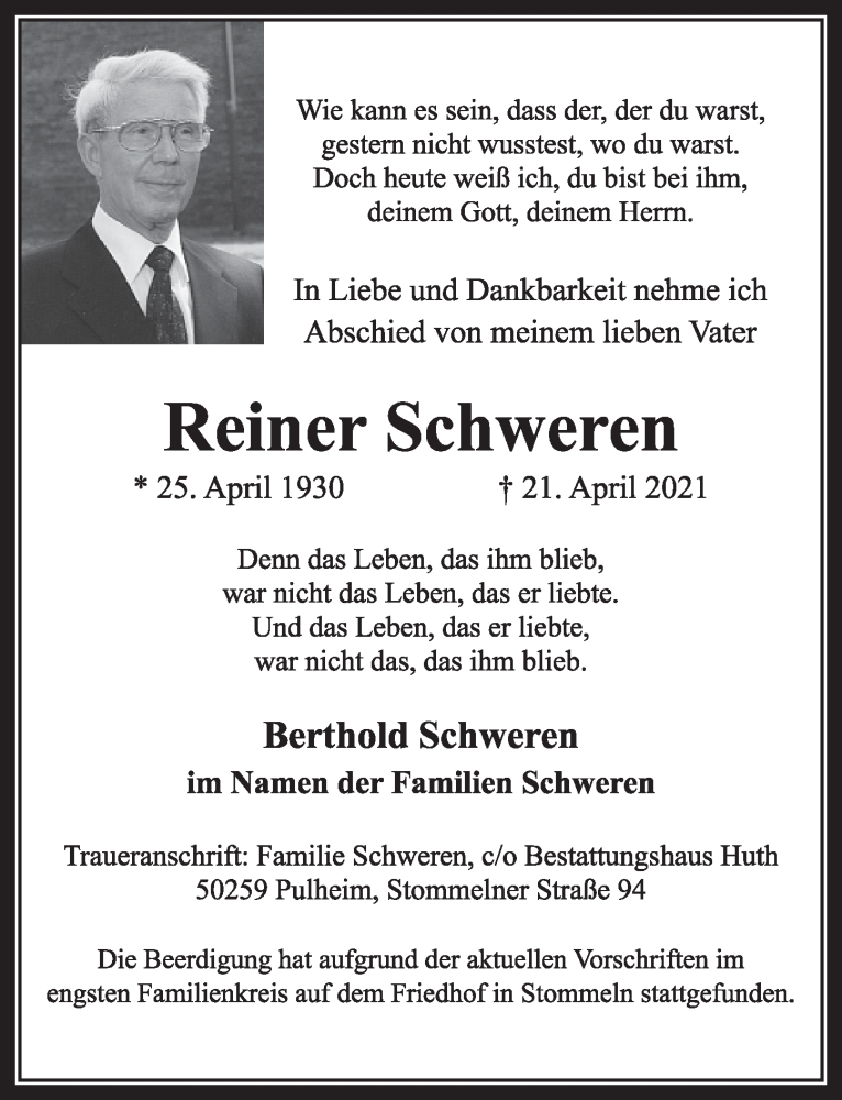  Traueranzeige für Reiner Schweren vom 29.04.2021 aus  Wochenende 