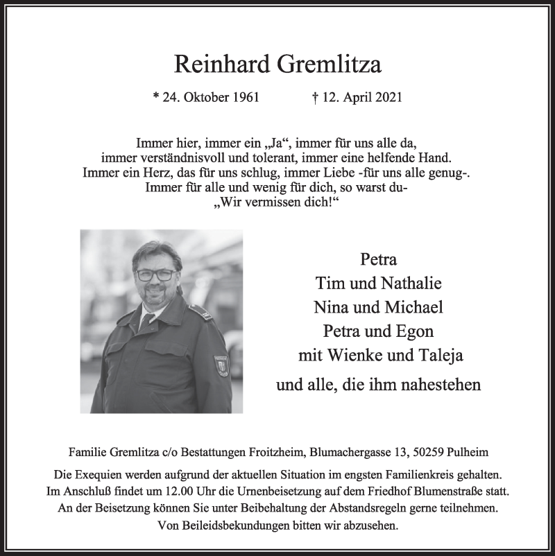  Traueranzeige für Reinhard Gremlitza vom 16.04.2021 aus  Wochenende 