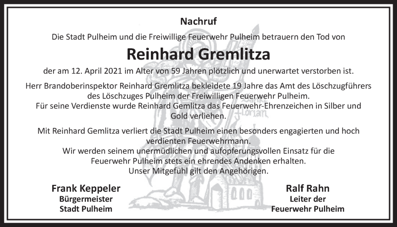  Traueranzeige für Reinhard Gremlitza vom 16.04.2021 aus  Wochenende 