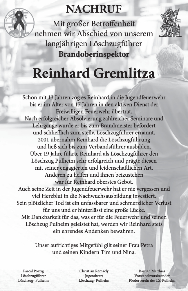  Traueranzeige für Reinhard Gremlitza vom 16.04.2021 aus  Wochenende 