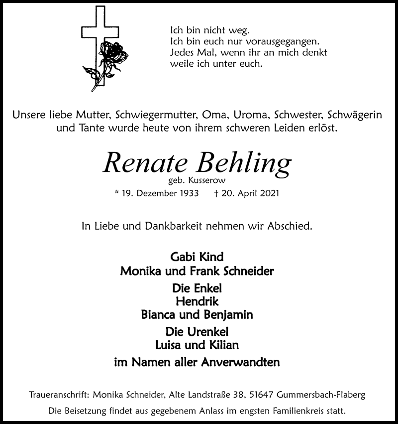  Traueranzeige für Renate Behling vom 27.04.2021 aus Kölner Stadt-Anzeiger / Kölnische Rundschau / Express