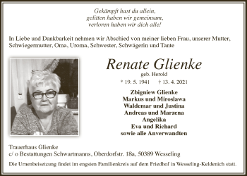 Anzeige von Renate Glienke von  Schlossbote/Werbekurier 