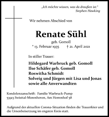 Anzeige von Renate Sühl von Kölner Stadt-Anzeiger / Kölnische Rundschau / Express
