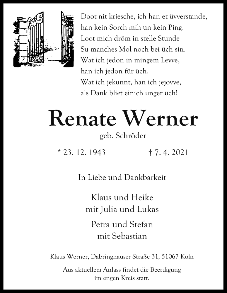  Traueranzeige für Renate Werner vom 14.04.2021 aus Kölner Stadt-Anzeiger / Kölnische Rundschau / Express