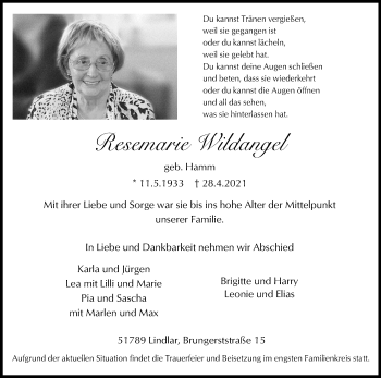 Anzeige von Resemarie Wildangel von Kölner Stadt-Anzeiger / Kölnische Rundschau / Express