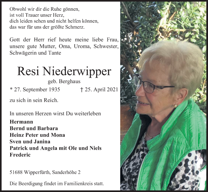 Traueranzeige für Resi Niederwipper vom 28.04.2021 aus Kölner Stadt-Anzeiger / Kölnische Rundschau / Express
