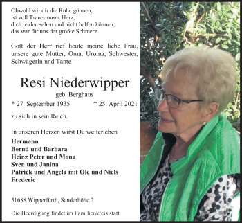 Anzeige von Resi Niederwipper von Kölner Stadt-Anzeiger / Kölnische Rundschau / Express