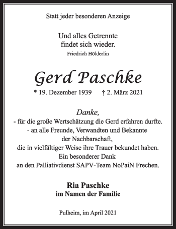 Anzeige von Ria Paschke von  Wochenende 