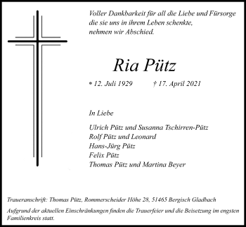 Anzeige von Ria Pütz von Kölner Stadt-Anzeiger / Kölnische Rundschau / Express