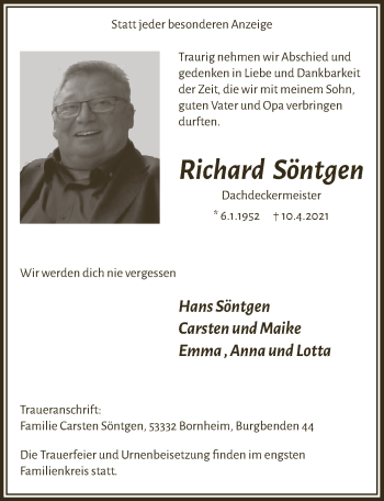 Anzeige von Richard Söntgen von  Schaufenster/Blickpunkt 