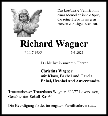 Anzeige von Richard Wagner von Kölner Stadt-Anzeiger / Kölnische Rundschau / Express