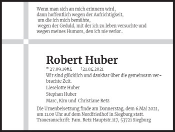 Anzeige von Robert Huber von Kölner Stadt-Anzeiger / Kölnische Rundschau / Express