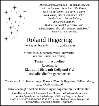 Anzeige von Roland Hegering von Kölner Stadt-Anzeiger / Kölnische Rundschau / Express