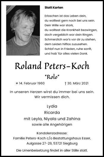 Anzeige von Roland Peters-Koch von Kölner Stadt-Anzeiger / Kölnische Rundschau / Express