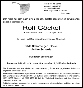 Anzeige von Rolf Göckel von Kölner Stadt-Anzeiger / Kölnische Rundschau / Express