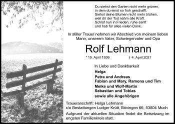 Anzeige von Rolf Lehmann von Kölner Stadt-Anzeiger / Kölnische Rundschau / Express