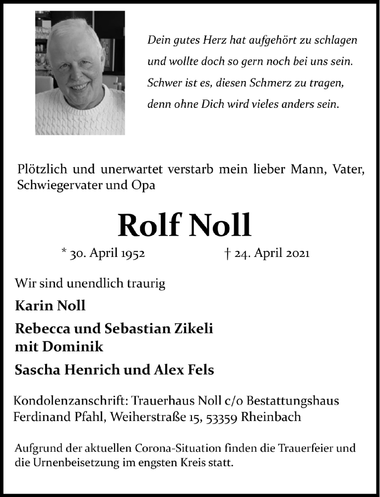  Traueranzeige für Rolf Noll vom 29.04.2021 aus  Schaufenster/Blickpunkt 