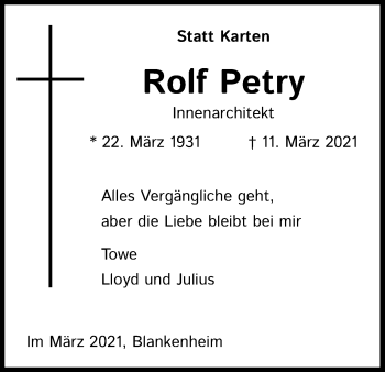 Anzeige von Rolf Petry von Kölner Stadt-Anzeiger / Kölnische Rundschau / Express