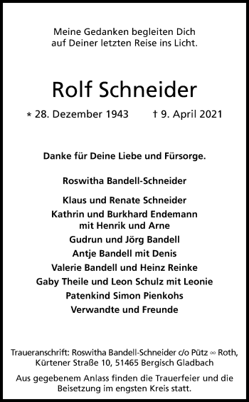 Anzeige von Rolf Schneider von Kölner Stadt-Anzeiger / Kölnische Rundschau / Express