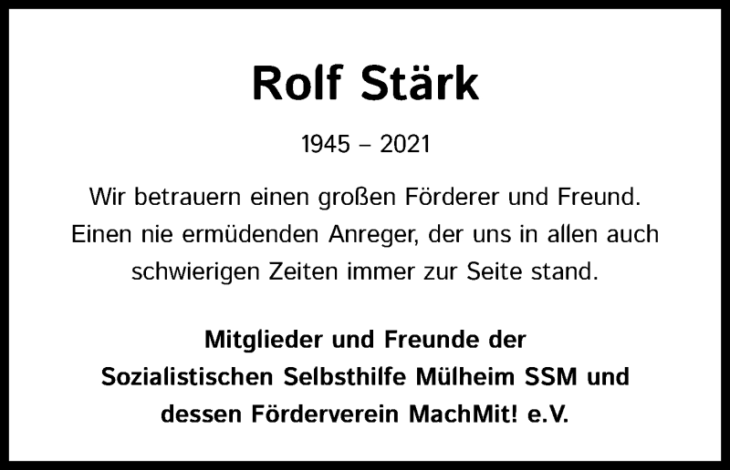  Traueranzeige für Rolf Stärk vom 17.04.2021 aus Kölner Stadt-Anzeiger / Kölnische Rundschau / Express