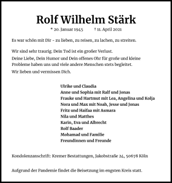 Anzeige von Rolf Wilhelm Stärk von Kölner Stadt-Anzeiger / Kölnische Rundschau / Express