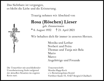 Anzeige von Rosa  Lieser von Kölner Stadt-Anzeiger / Kölnische Rundschau / Express