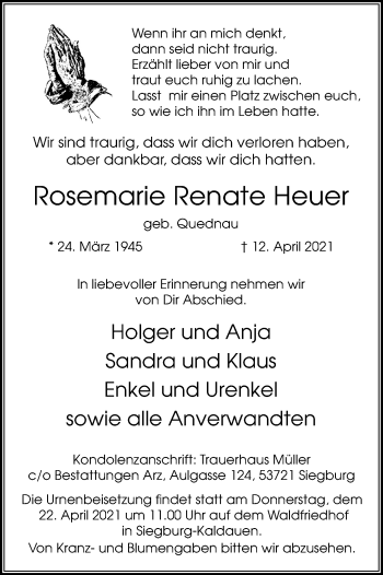 Anzeige von Rosemarie Renate Heuer von Kölner Stadt-Anzeiger / Kölnische Rundschau / Express
