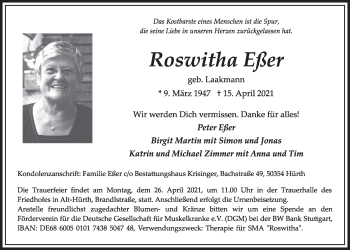Anzeige von Roswitha Eßer von  Wochenende 