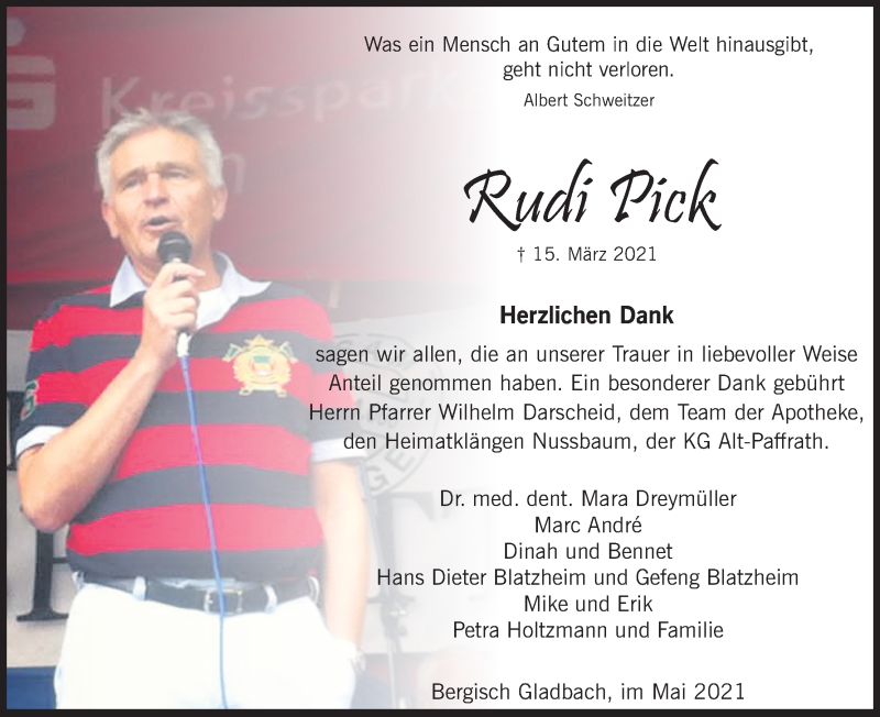  Traueranzeige für Rudi Pick vom 01.05.2021 aus Kölner Stadt-Anzeiger / Kölnische Rundschau / Express