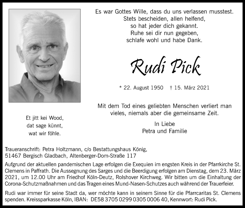  Traueranzeige für Rudi Pick vom 20.03.2021 aus Kölner Stadt-Anzeiger / Kölnische Rundschau / Express