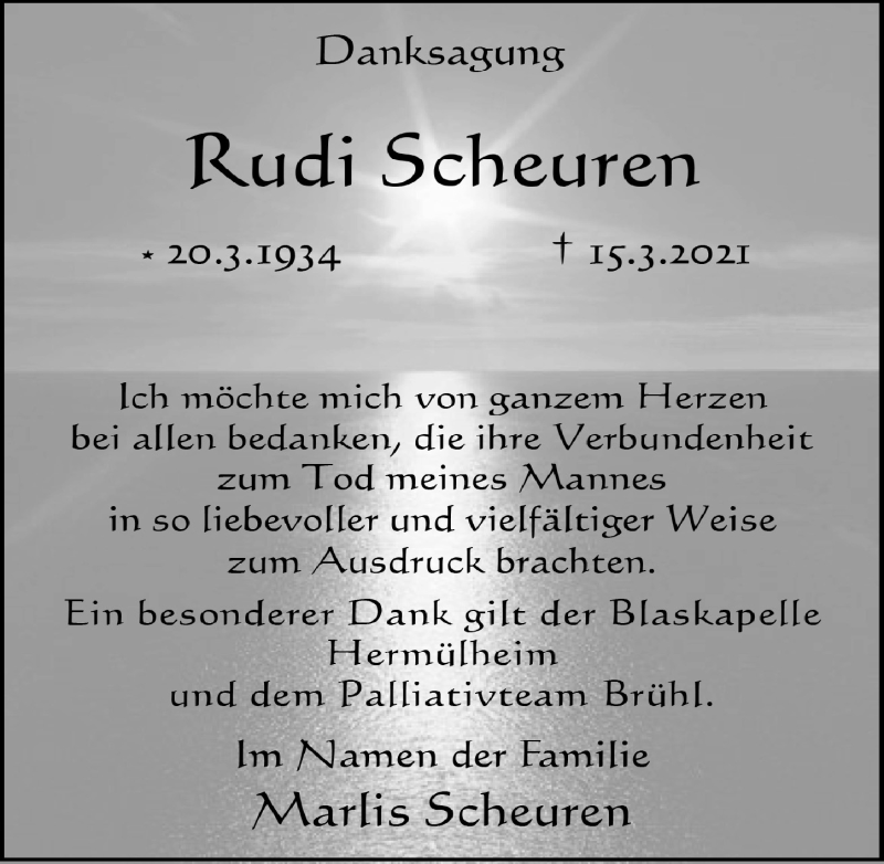 Traueranzeige für Rudi Scheuren vom 23.04.2021 aus  Schlossbote/Werbekurier 