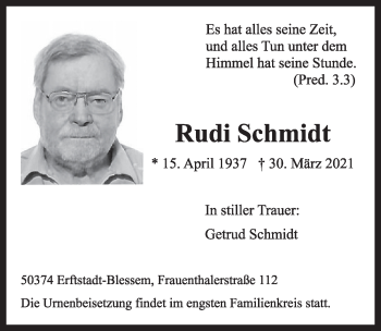 Anzeige von Rudi Schmidt von  Werbepost 