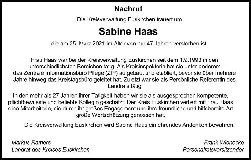  Traueranzeige für Sabine Haas vom 10.04.2021 aus Kölner Stadt-Anzeiger / Kölnische Rundschau / Express