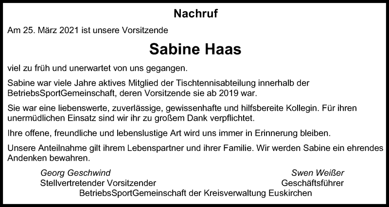  Traueranzeige für Sabine Haas vom 10.04.2021 aus Kölner Stadt-Anzeiger / Kölnische Rundschau / Express