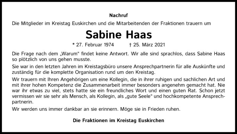  Traueranzeige für Sabine Haas vom 10.04.2021 aus Kölner Stadt-Anzeiger / Kölnische Rundschau / Express