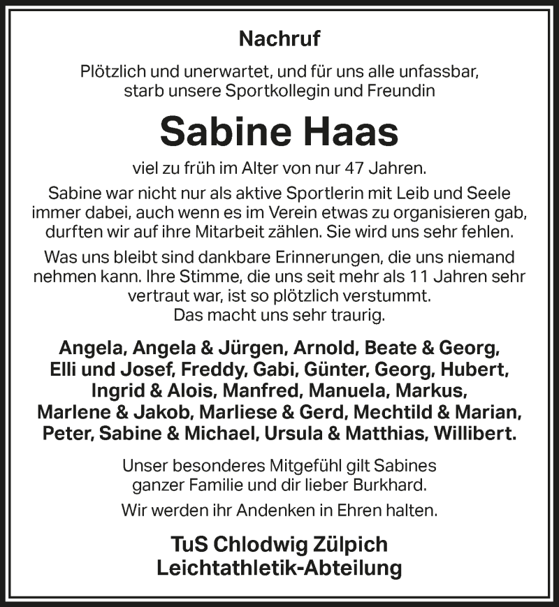  Traueranzeige für Sabine Haas vom 10.04.2021 aus  Blickpunkt Euskirchen 