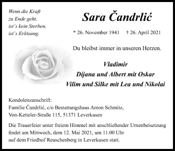 Anzeige von Sara Candrlic von Kölner Stadt-Anzeiger / Kölnische Rundschau / Express
