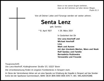 Anzeige von Senta Lenz von Kölner Stadt-Anzeiger / Kölnische Rundschau / Express