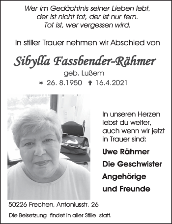 Anzeige von Sibylla Fassbender-Rähmer von  Wochenende 
