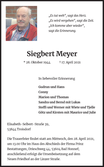 Anzeige von Siegbert Meyer von Kölner Stadt-Anzeiger / Kölnische Rundschau / Express