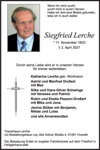 Anzeige von Siegfried Lerche von Kölner Stadt-Anzeiger / Kölnische Rundschau / Express