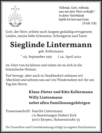 Anzeige von Sieglinde Lintermann von  Werbepost 
