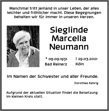 Anzeige von Sieglinde Marcella Neumann von Kölner Stadt-Anzeiger / Kölnische Rundschau / Express