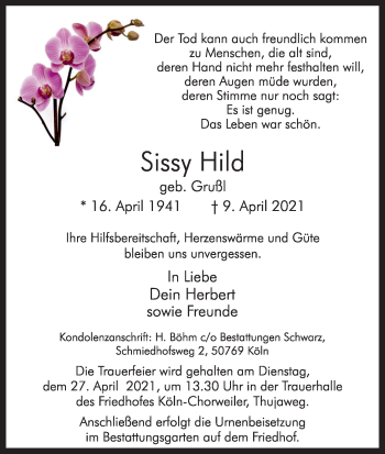 Anzeige von Sissy Hild von Kölner Stadt-Anzeiger / Kölnische Rundschau / Express