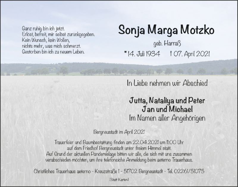  Traueranzeige für Sonja Marga Motzko vom 16.04.2021 aus  Anzeigen Echo 