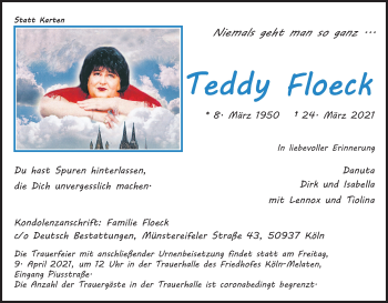 Anzeige von Teddy Floeck von Kölner Stadt-Anzeiger / Kölnische Rundschau / Express