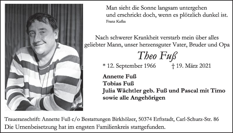  Traueranzeige für Theo Fuß vom 01.04.2021 aus  Werbepost 
