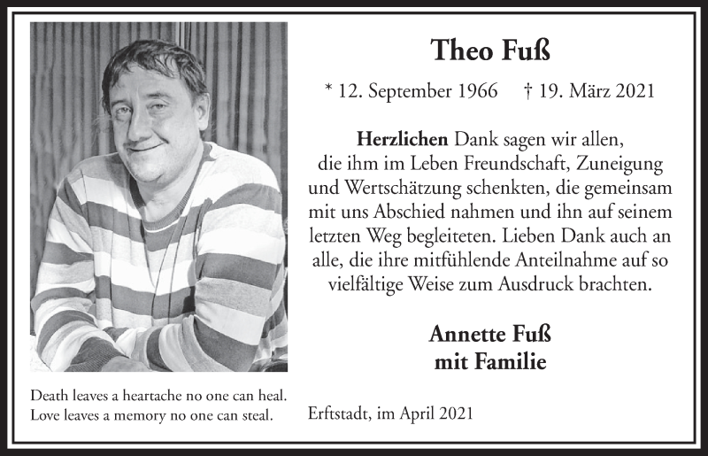  Traueranzeige für Theo Fuß vom 23.04.2021 aus  Werbepost 