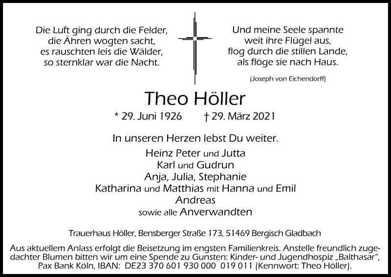  Traueranzeige für Theo Höller vom 03.04.2021 aus Kölner Stadt-Anzeiger / Kölnische Rundschau / Express